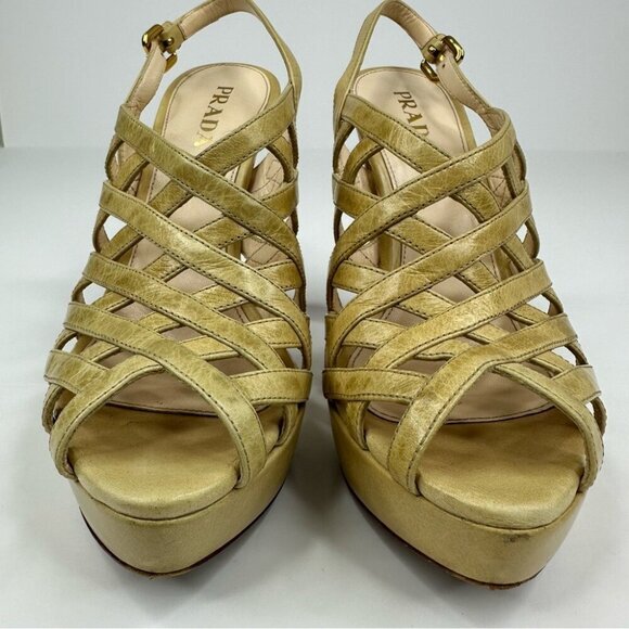 Prada Women's Tan Neutral Caged Criss Cross Designer Sandal Heels EU 37.5/US 7 - Picture 4 of 11
